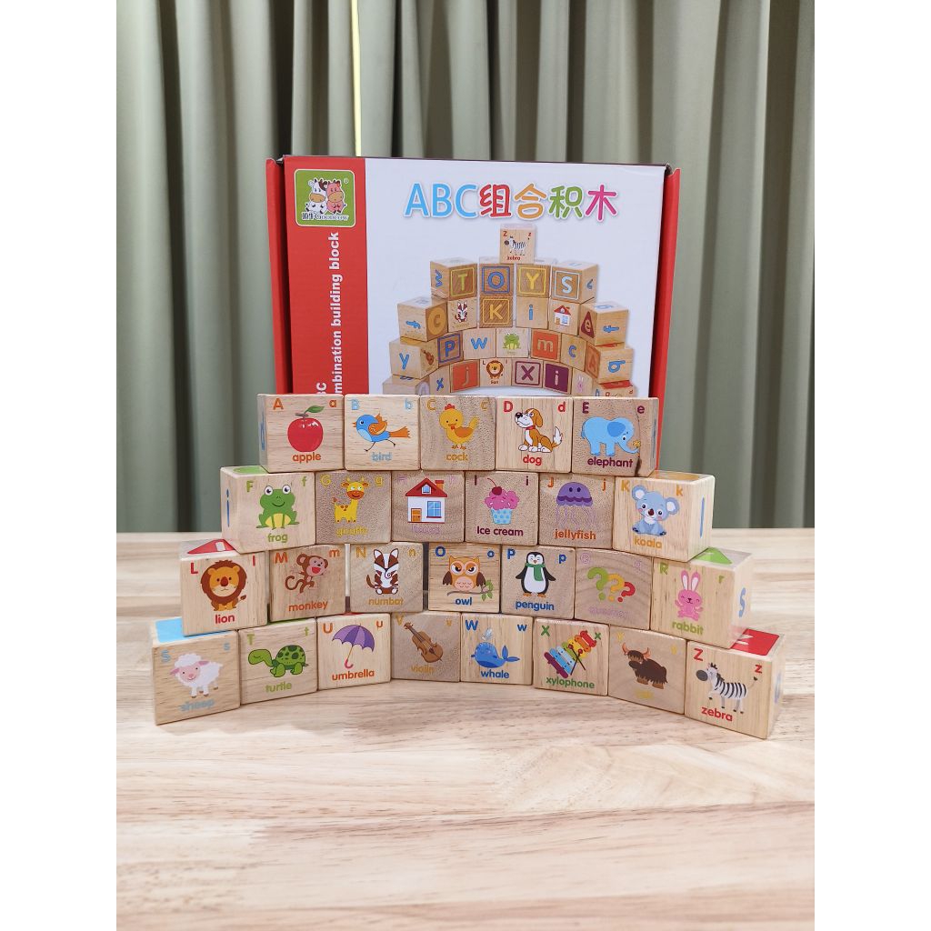 🏅Kids learning🏅 บล็อกไม้ลูกเต๋า ABC บล็อกไม้สอนคำศัพท์ บล็อกสอนตัวอักษร ลูกเต๋าสอนคำศัพท์ งานไม้ สวย