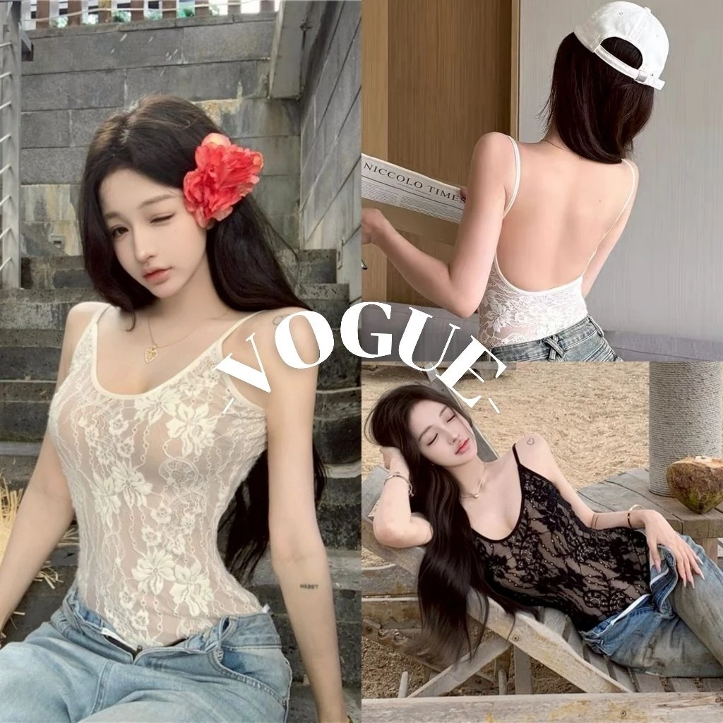 Vogue🌟พร้อมส่ง🌟 ชุดบอดี้สูท ลายลูกไม้ สีขาวครีมดำ เรียบหรูเซ็กซี่มากแม่ (FY2256)