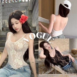 Vogue🌟พร้อมส่ง🌟 ชุดบอดี้สูท ลายลูกไม้ สีขาวครีมดำ เรียบหรูเซ…