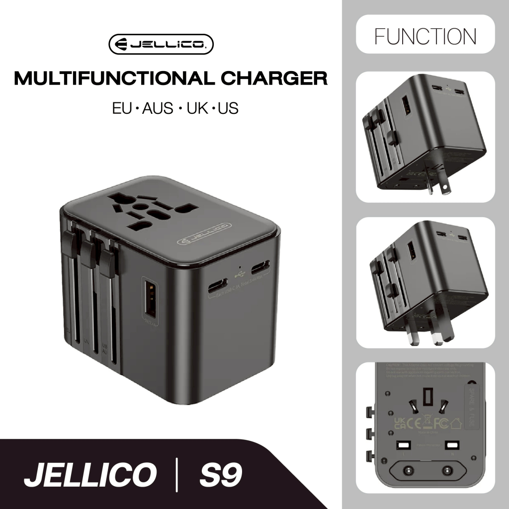 JELLICO หัวแปลงปลั๊กไฟ universal travel adapter S9 PD 2xUSB-C + 1xUSB 3.4A Max 2500W Black