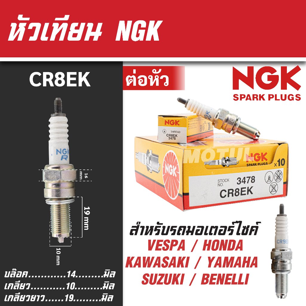 NGK หัวเทียน รุ่น CR8EK (3478) ขั้ว Nickel Multigrounded ใช้สำหรับ New Vespa , CBR150, Ninja250, Nin