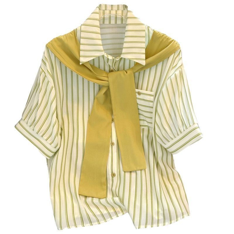 เสื้อเชิ้ตแขนสั้นลายทางปลอมสองชิ้นดีไซน์เก๋ไก๋ช่วงฤดูร้อน 2025 แฟชั่นใหม่ทั้งตัวเสื้อและเสื้อเชิ้ต - รูปที่ 7