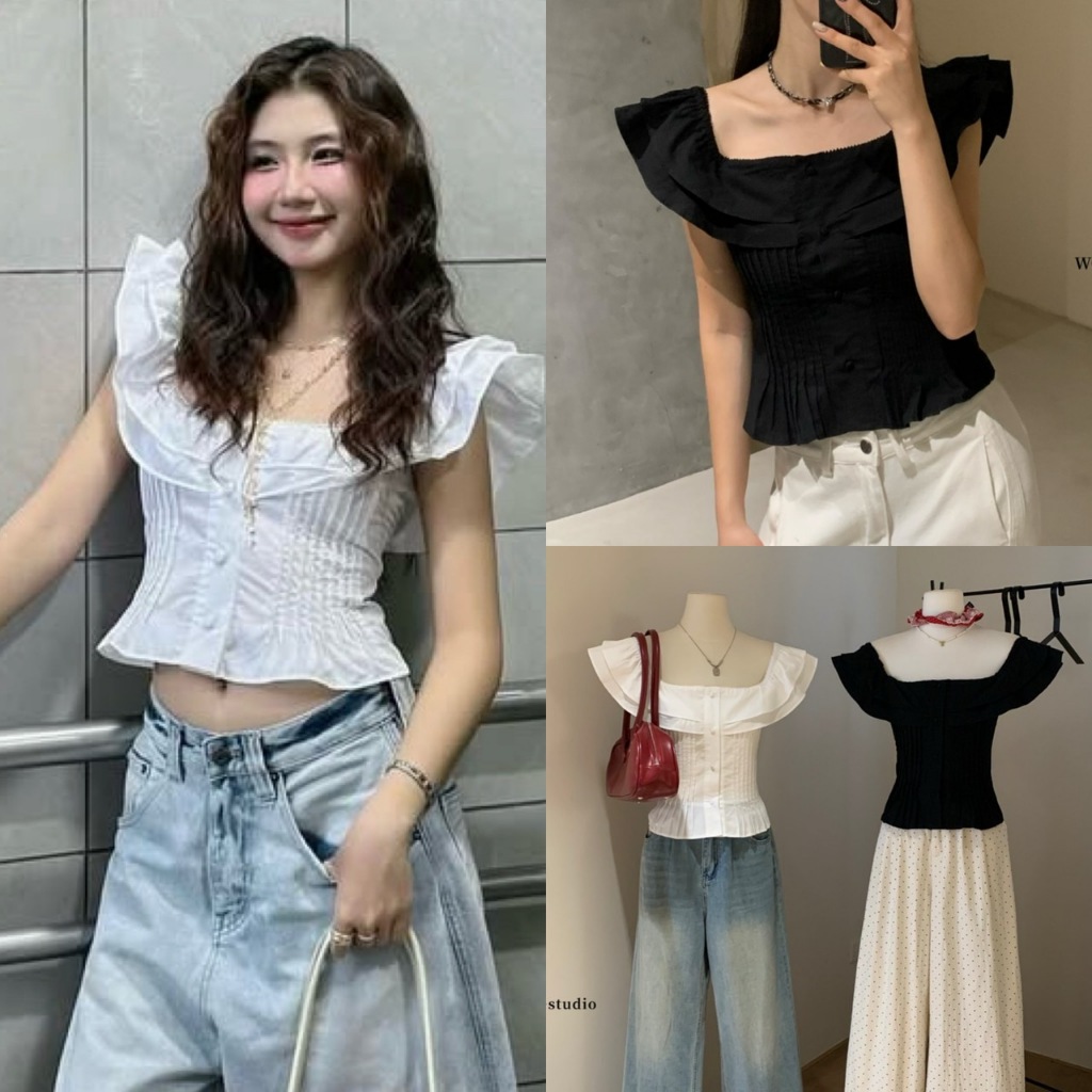 🧡🧵 🇰🇷 W5594 เสื้อปาดไหล่ หรือเสื้อคอกว้าง แต่งผ้าระบายช่วงแขน มีสม็อคหลัง แฟชั่นเกาหลี TAG WG.WE 🧵🧡