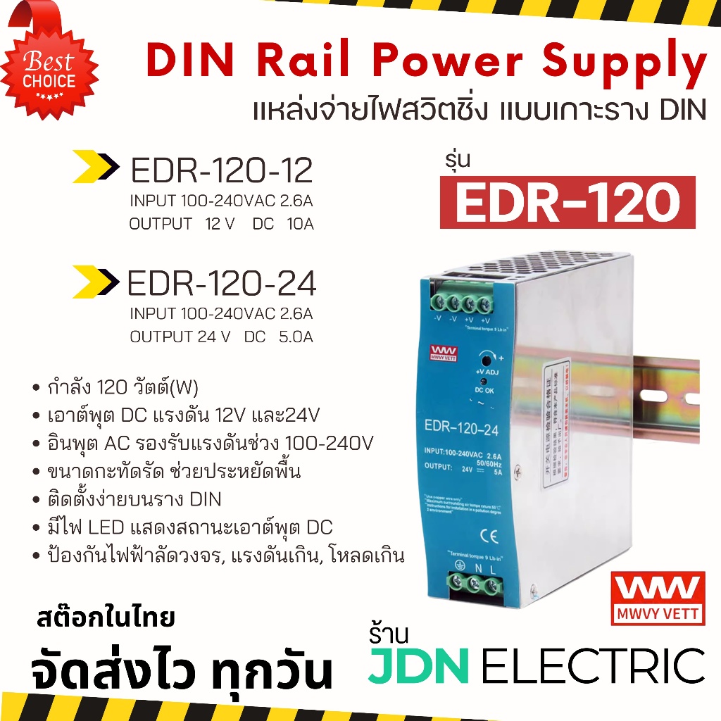EDR-60-12 EDR-120-24 DIN Rail Power Supply | แหล่งจ่ายไฟสวิตชิ่ง แบบเกาะราง DIN | DC 12V | DC 24V | สต๊อกในไทย
