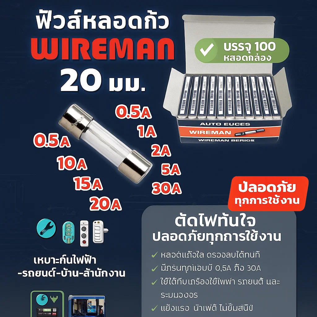 💥 มีราคาส่่ง (แพ็ค 100 ชิ้น) ฟิวส์หลอดแก้ว WIREMAN 20 มม. 0.5A–30A ปลายโลหะ ใช้กับเครื่องใช้ไฟฟ้า