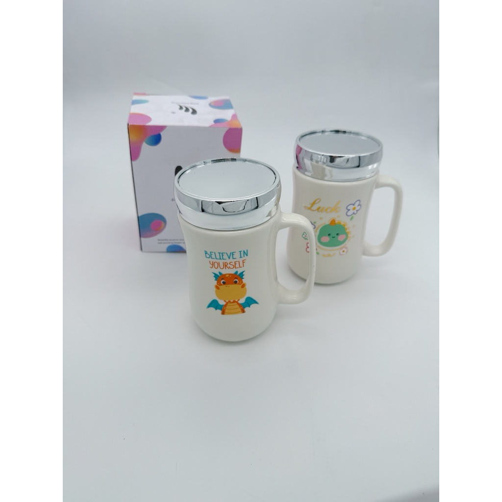 Geschirr แก้วเซรามิค พร้อมฝา 420 ML สำหรับเครื่องดื่มเย็นและร้อน ทนความร้อน ทนทาน ลาย Believe In Yourself และ Luck