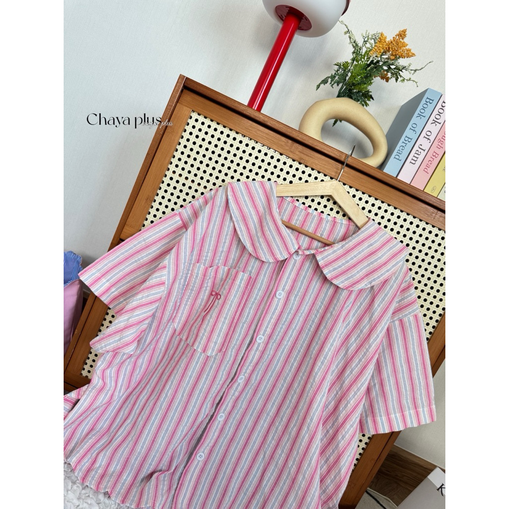 RAYNE.CLOSET | Pinkpie Top - เสื้อคอบัวลายริ้วสีชมพู มีเชือกผูกหลัง (อก40-52“) - รูปที่ 6