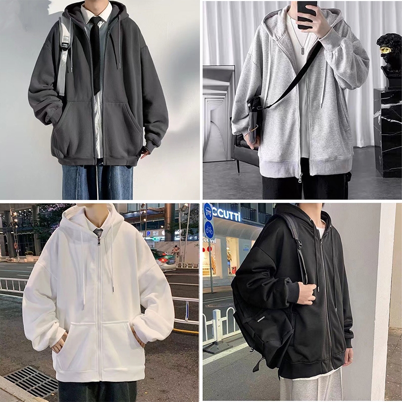เสื้อกันหนาวสีพื้น เสื้อโค้ท เสื้อแจ็คเก็ตแขนยาวมีซิป เสื้อฮู้ด ใส่ได้ทั้งชายหญิงใส่ได้ทุกฤดู #2838