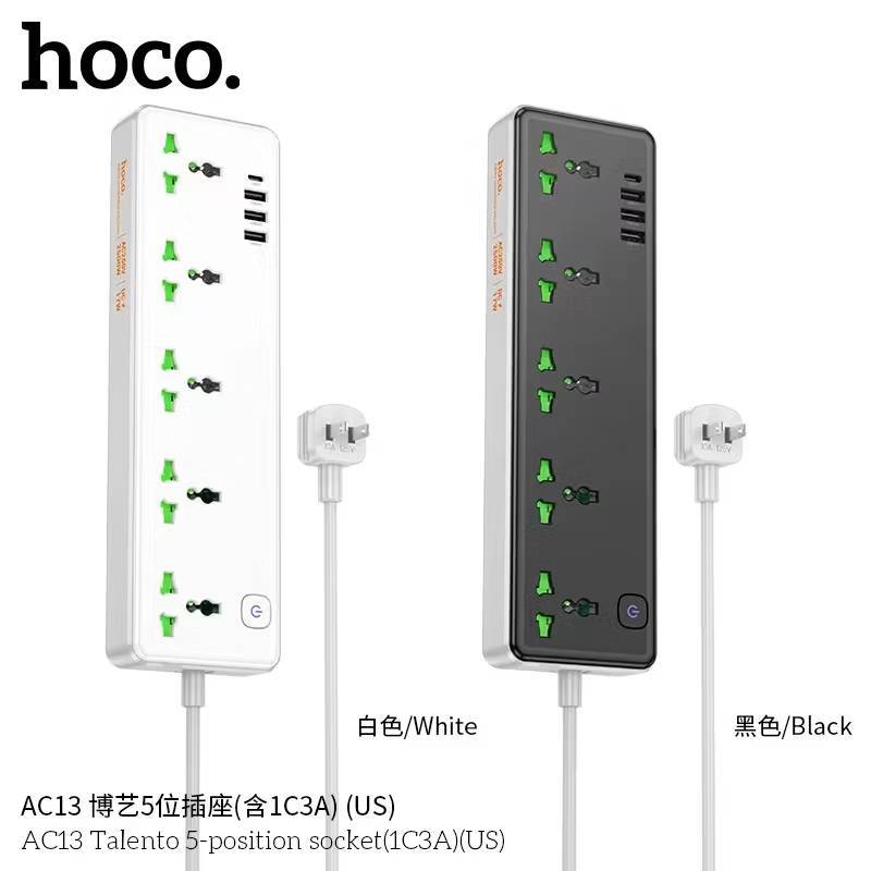 HOCO AC13 ปลั๊กชาร์จ Multifunctional Safety Socket AC 250V-2500W DC-17W พร้อมช่องชาร์จ 3USB+1Type-C