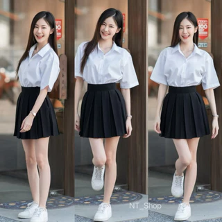 ️กระโปรงพลีทเอวมีขอบ\กระนักศึกษาพลีท(จีบใหญ/จีบทวิส)”ยาว16-18-20”[ผ้านาโน]สีดำ