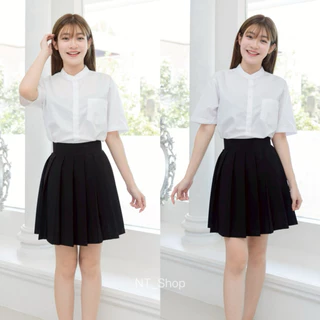 ️กระโปรงพลีทเอวมีขอบ\กระนักศึกษาพลีท(จีบใหญ/จีบทวิส)”ยาว16-18-20”[ผ้านาโน]สีดำ