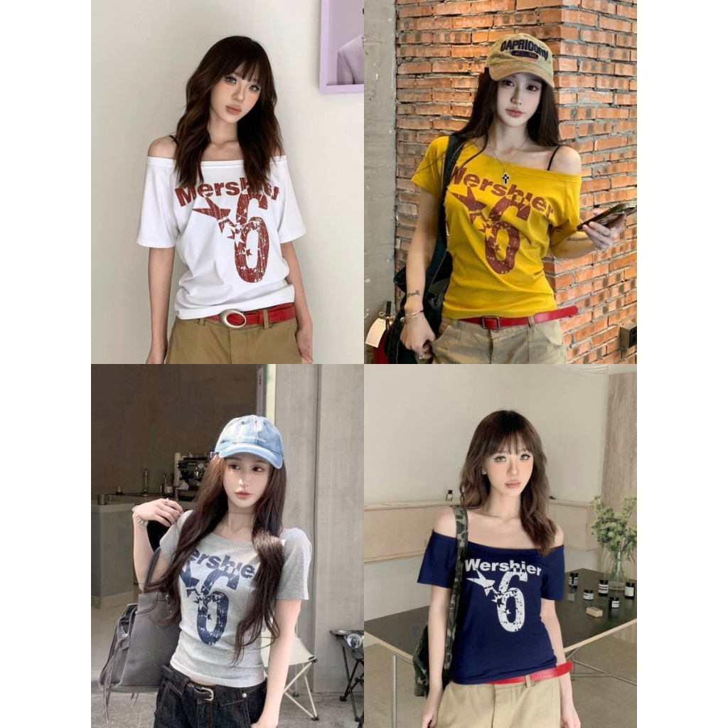 เสือยืดเเขนสั้น เสื้อยืดออเวอร์ไซส์ คอกว้าง ลายอักษร ปาดไหล่#2320