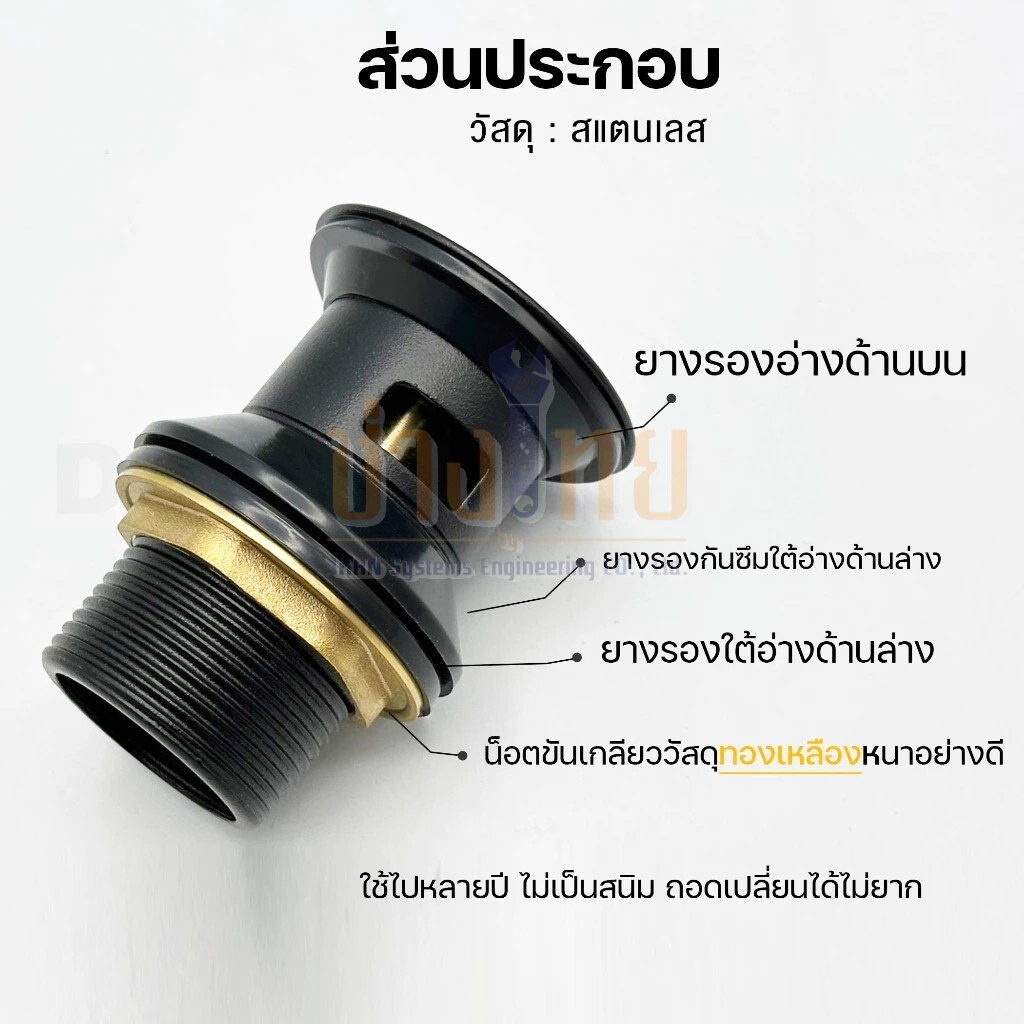 สะดืออ่างล้างหน้า สแตนเลสสีดำ แบบกดสปริง (มีรูน้ำล้น) รุ่น BM-320 DONMARK