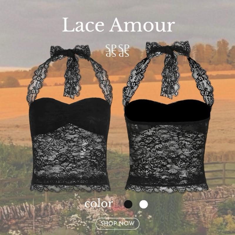 SPND【พร้อมส่ง】เสื้อครอปผูกคอ ผ้าลูกไม้ มีฟองน้ำในตัว มีสองสี (2255)