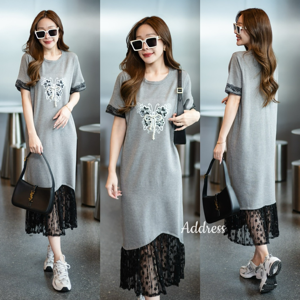 🌈🌿🌺🌸🌼🩶🖤🇰🇷 Knit Butterfly Patch Frill Seethrough Maxi Dress