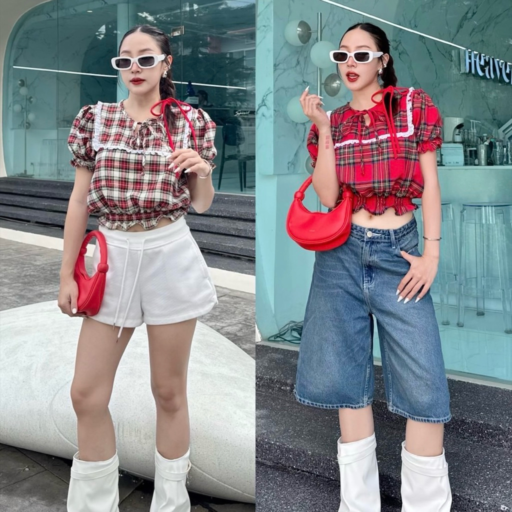 Cookies Bear เสื้อครอปจ้ำเอวสม๊อคยืด ลายสก๊อตคอกลม