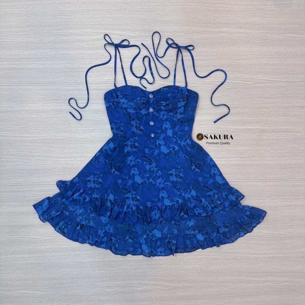 sakurabrand Minidress สายเดี่ยวพิมพ์ลายลายดอกไม้โทนสีน้ำเงิน(*สอบถามสต๊อกก่อนกดสั่งน๊า)