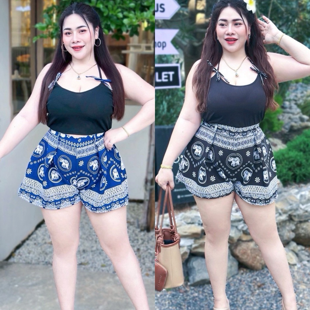 PB-S3S1🌹 ชุดเซ็ท2 ชิ้น เสื้อผูกคอผ้าร่อง+กางเกงขาสั้นช้าง เอวสม็อคหลัง