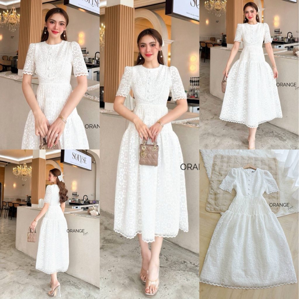 🧡พร้อมส่ง 2XL-4XL🧡ป้าย Orange Juice💕เดรสยาวลูกไม้ สีขาว ตีเกล็ดช่วงเอว ชุดงานบุญ สวยเรียบหรู