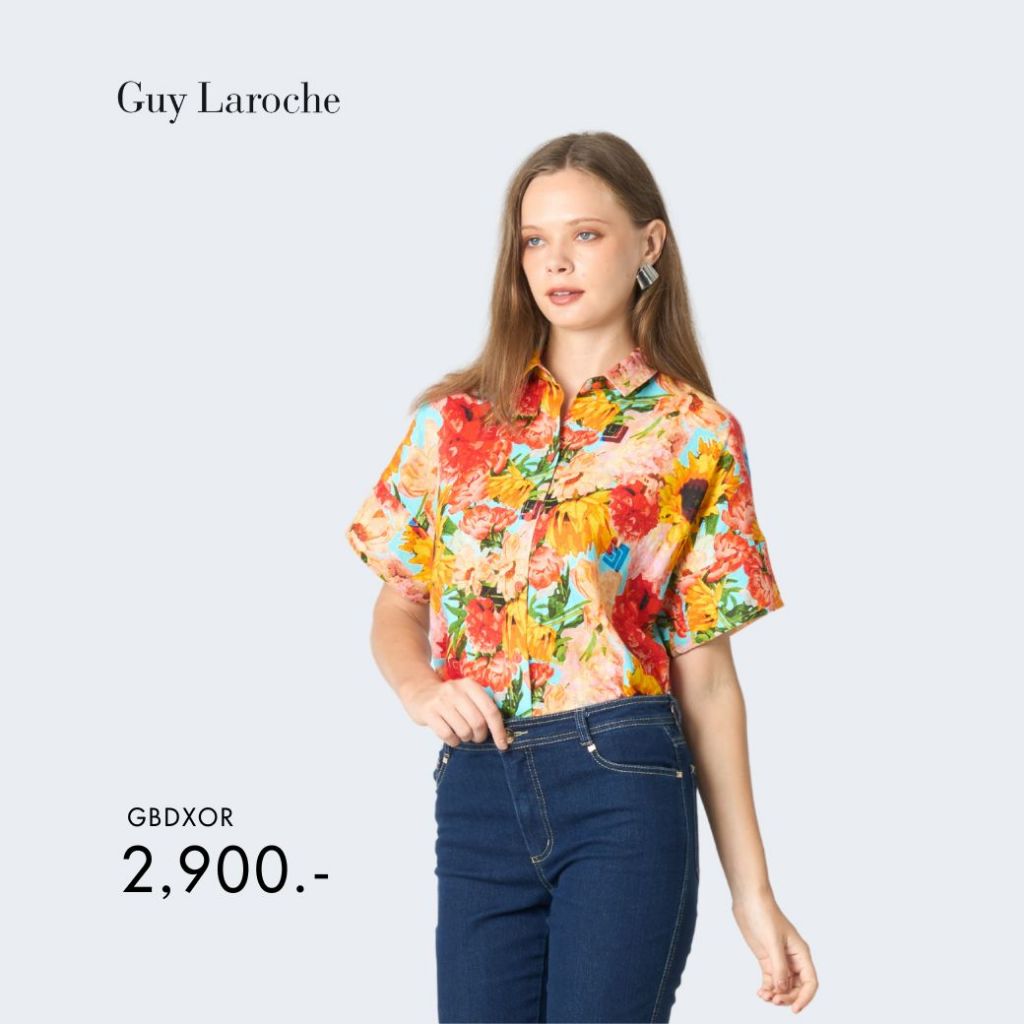 Guy Laroche เสื้อเชิ้ตผู้หญิง ไลท์ ลินิน ลาย วินเทจ แขนสั้น สีส้ม GBDXOR