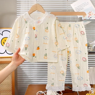 80-130พร้อมสต็อกเด็กเวลาผ้าฝ้ายเสื้อผ้าบ้านลูกไม้เครื่องปรับอากาศเสื้อผ้าหญิงเด็กชุดลําลองชุดนอนแฟชั่นเด็กเสื้อผ้าอย่างร