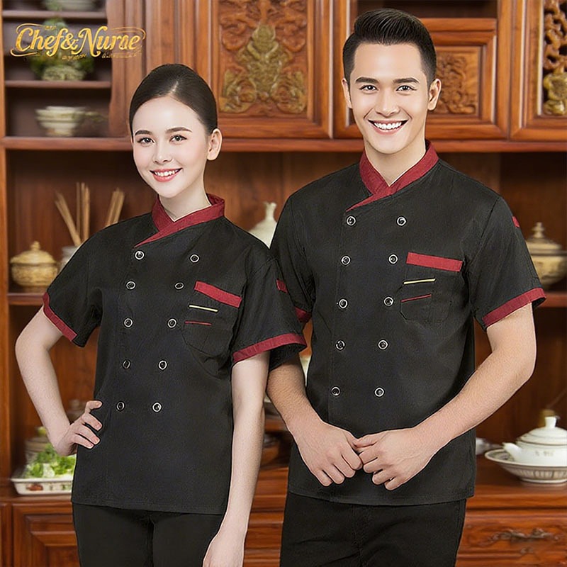 ชุดเชฟแขนสั้น เสื้อเชฟ ท็อปส์ซูทำอาหาร ระบายอากาศได้ แห้งเร็ว เหมาะสำหรับโรงแรมร้านอาหารเชฟมิชลินสตาร์ ขาว สีดำ S-XL
