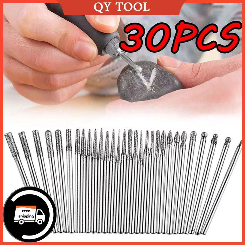 30pcs เข็มเจียรเพชรสำหรับแกะสลัก ขัดเงา สำหรับแก้ว หยก หิน ดอกสว่าน เครื่องมือโรตารี่