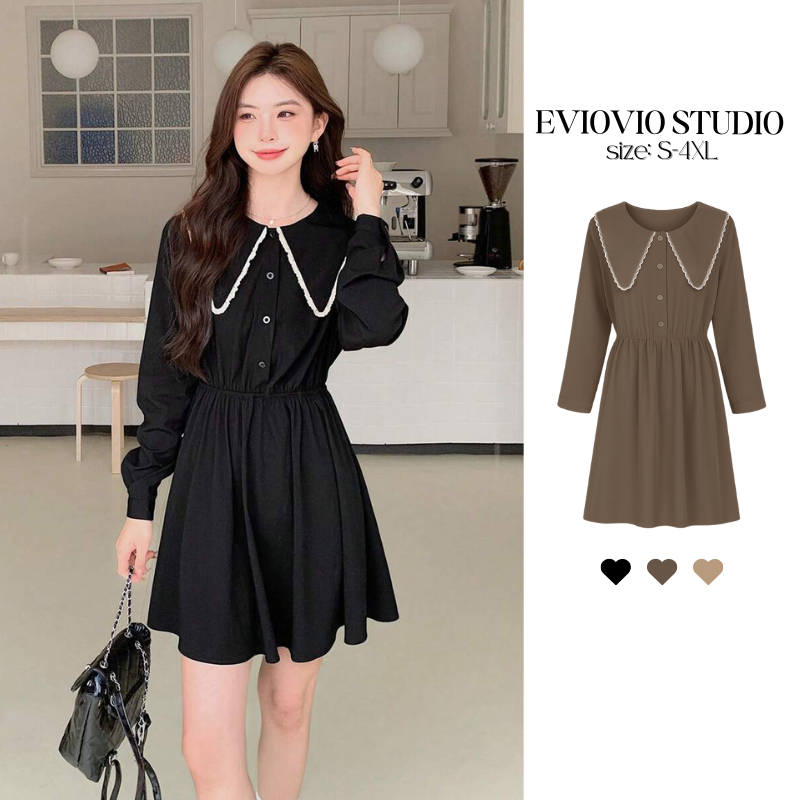 【EVIOVIO】S-4XL เดรสคอปกตุ๊กตา สีทูโทน แขนยาว คอกลม เอวสม็อค ให้ลุคสุภาพ ออกงานก็ได้ เข้ารูปทรงสวย