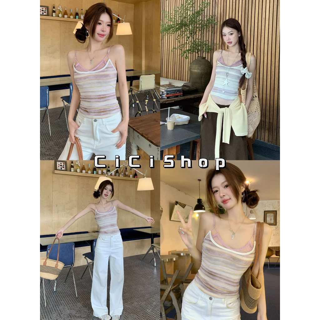 Cicishop(J2171) เสื้อสายเดี่ยวลายริ้วฟุ้งๆ เย็บ2ชั้น ดีเทลลูกไม้ด้านใน สายปรับได้  สไตล์สาวแซ่บ