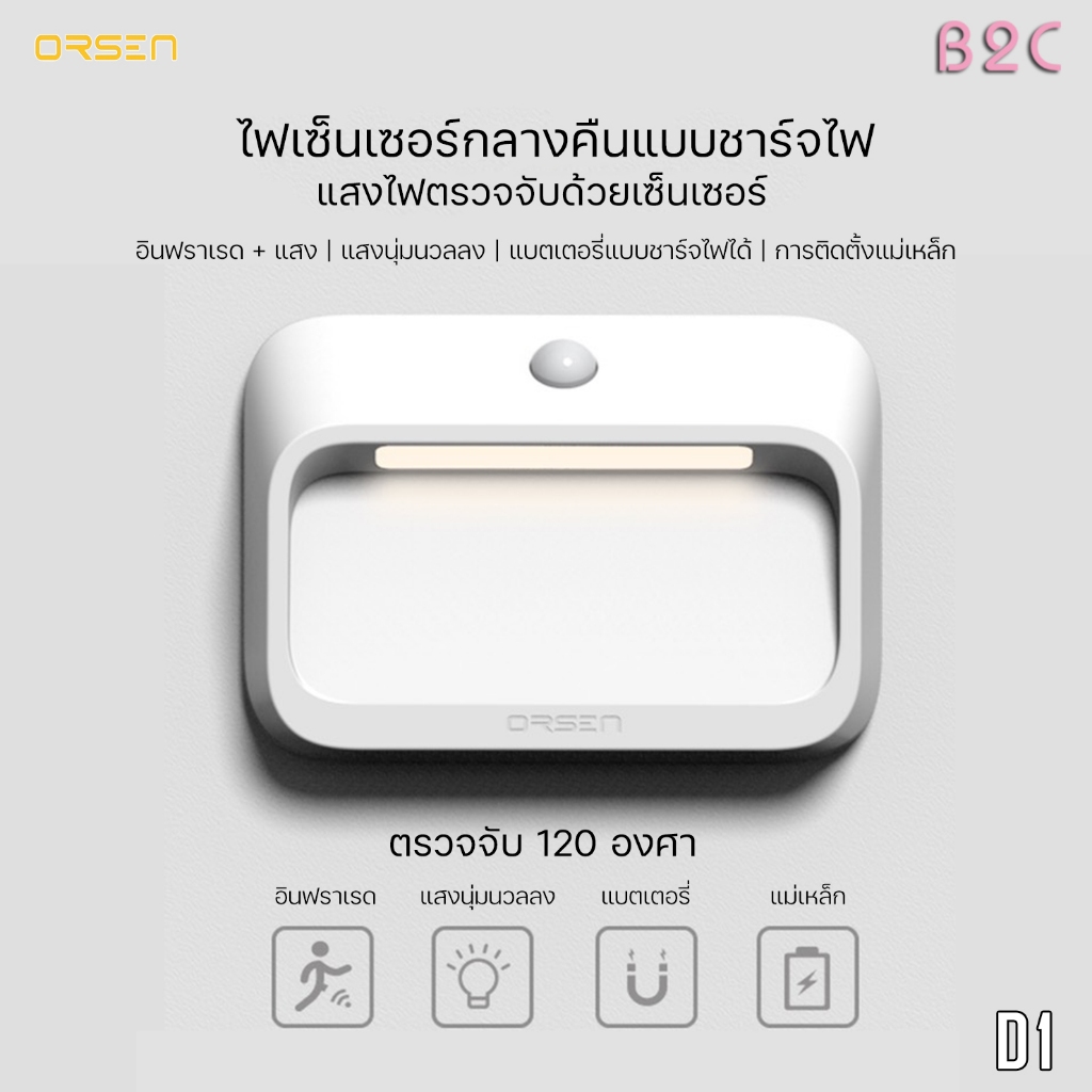 Orsen By Eloop รุ่น D1  ไฟเซ็นเซอร์ ตรวจจับความเคลื่อนไหวในรัศมี 120 องศา แบตในตัว 1800mAh