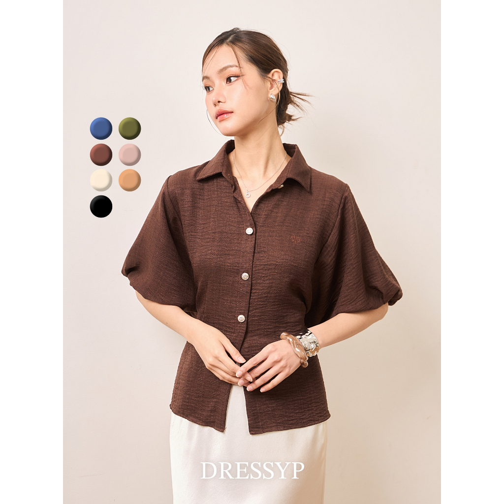 dressyp - Japanese Balloon Shirt เสื้อเชิ้ตคอปก แขนบอลลูน ผ้าญี่ปุ่น สัมผัสนุ่มสบาย ดีเทล ปักโลโก้ มีสายผูกเอว DP350