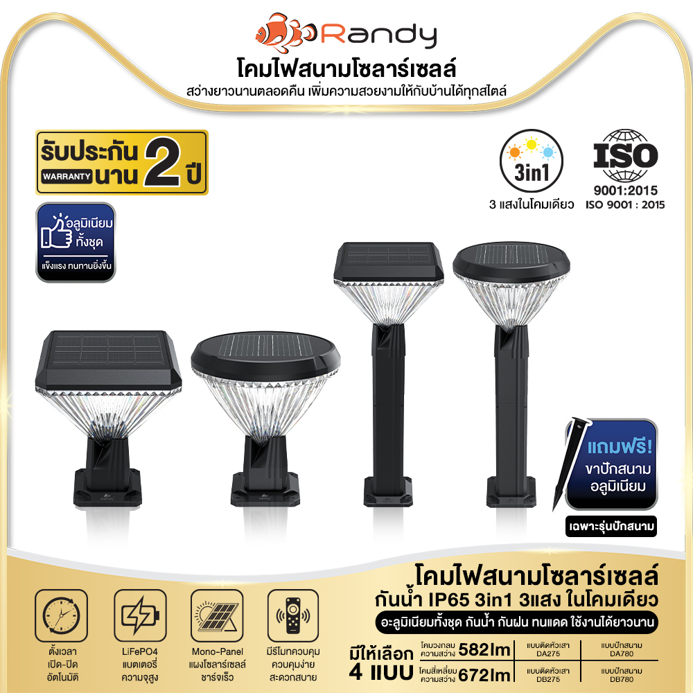 RANDY SolarLawnLight โคมไฟสนามพลังงานแสงอาทิตย์ ปรับแสงได้3สี IP65 ประกัน2ปี ใช้งานได้นานตลอดทั้งคืน