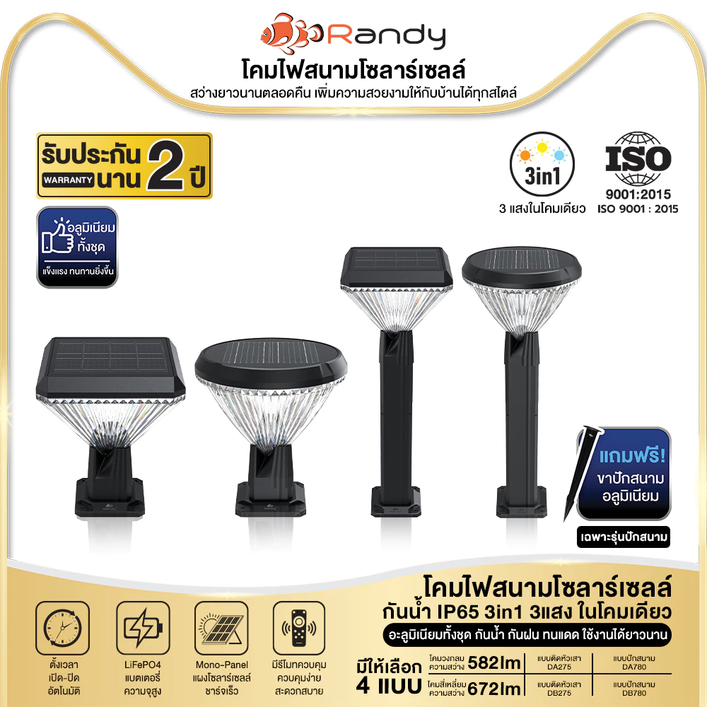 RANDY SolarLawnLight โคมไฟสนามพลังงานแสงอาทิตย์ ปรับแสงได้3สี IP65 ประกัน2ปี ใช้งานได้นานตลอดทั้งคืน