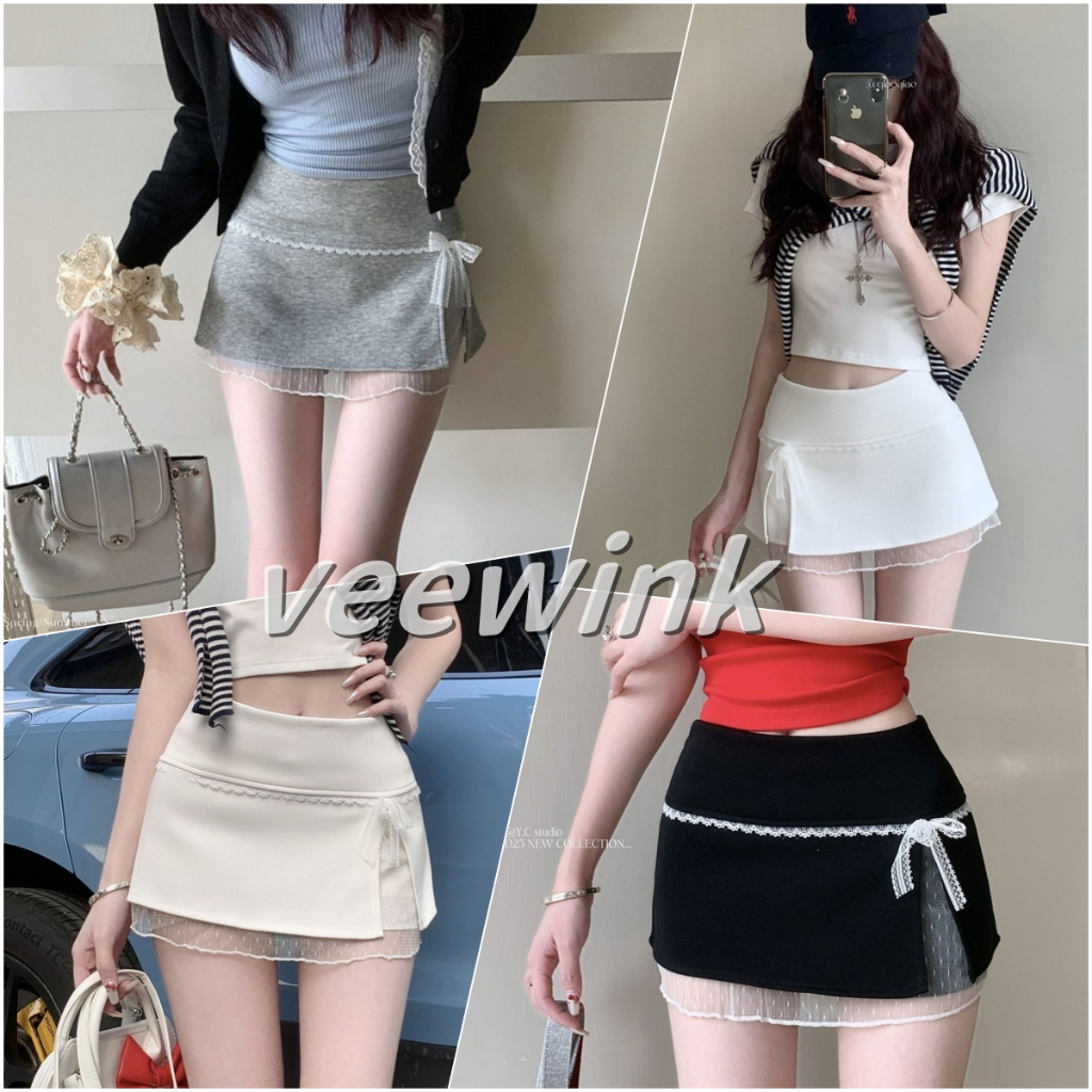 Veewink พร้อมส่งจากกทม กระโปรงจีบบางเอวสูงสไตล์คอลเลจ ลูกไม้หวานแซ่บใส่แล้วขาเรียว (3สี)