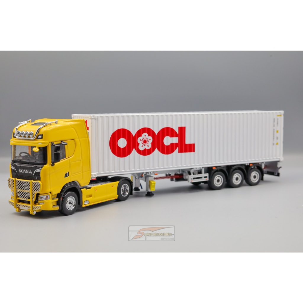 Unique Model   1/64 SCANIA 730S Yellow with 40ft Container 1pc White OOCL