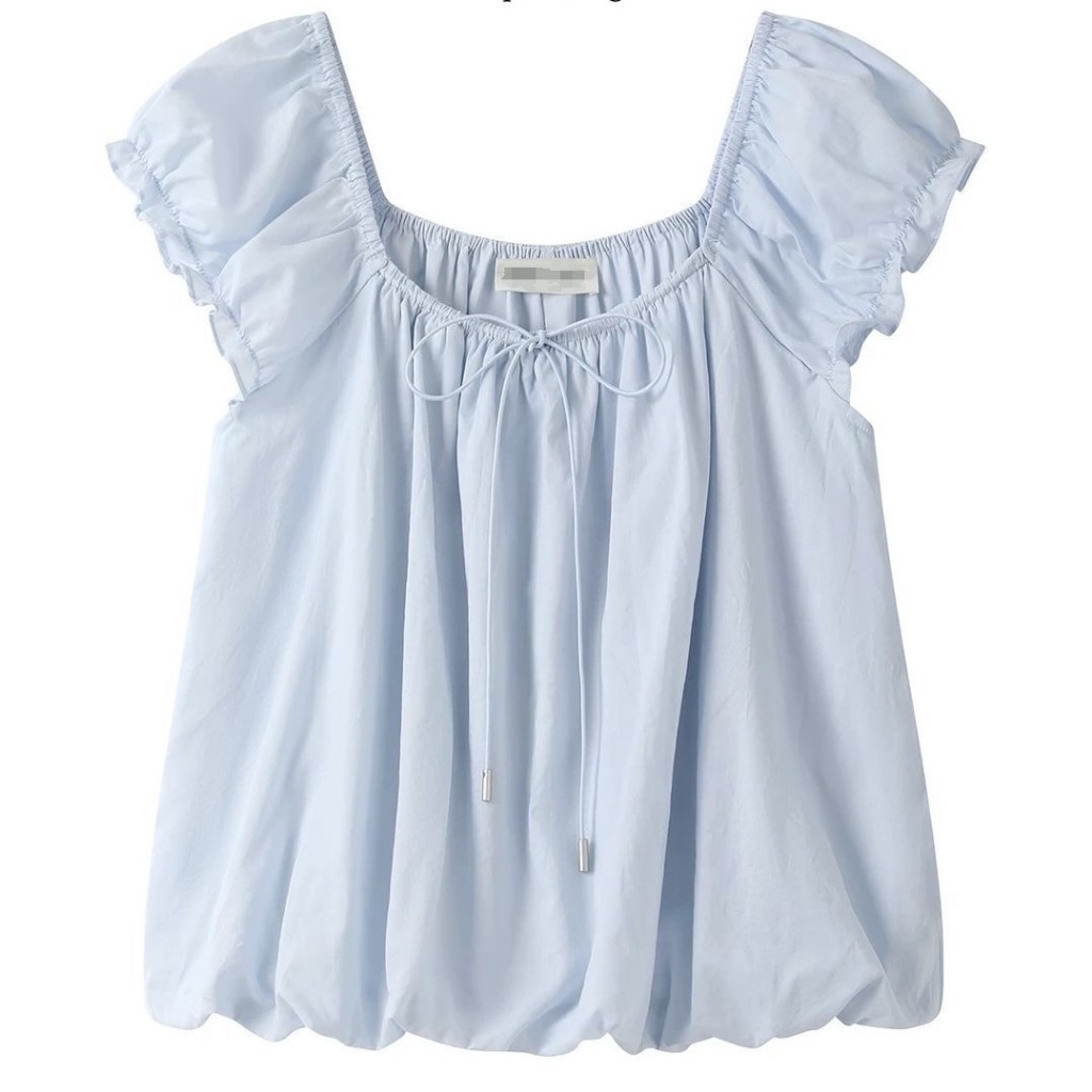 LUNA~เวอร์ชั่นเกาหลี ปลอกคอสแควร์ ผูกขึ้น แขนสั้น เสื้อเชิ้ต สไตล์ใหม่ สไตล์หวาน - รูปที่ 3