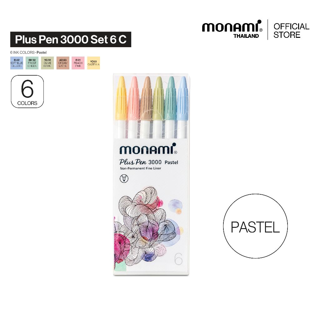 Monami ปากกาสีน้ำ รุ่น Plus Pen 3000 ชุด 6  Pastel