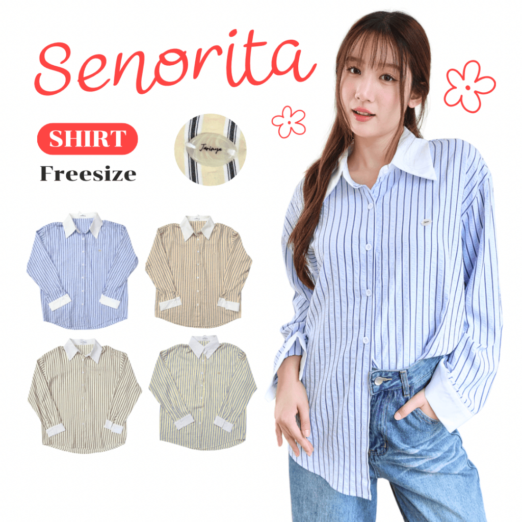 JARINYA เสื้อเชิ้ตแขนยาวลายริ้ว แต่งอะไหล่ Jarinya (T978)