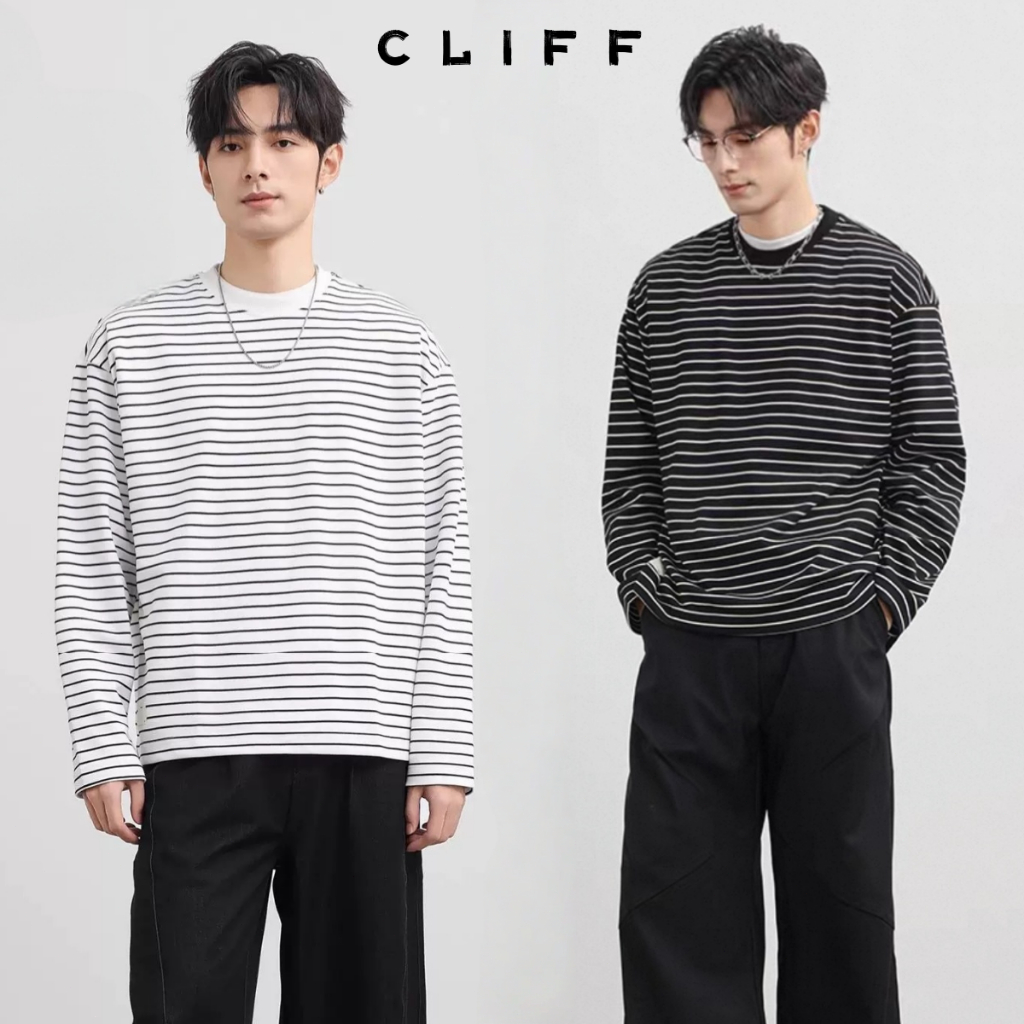 CLIFF เสื้อยืดแขนยาว คอกลมลายทาง สีดำสีขาว เรียบง่ายแมทช์ง่าย สไตล์เกาหลี