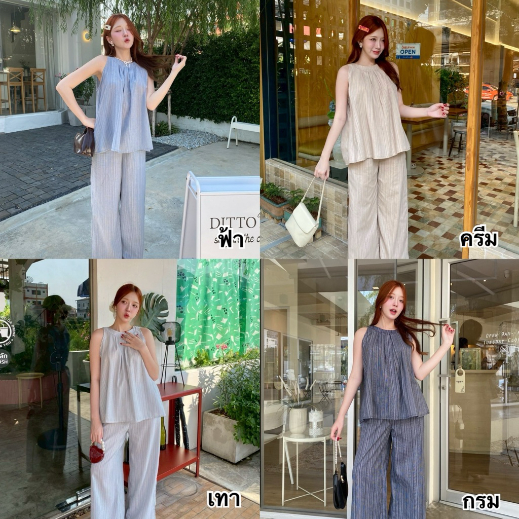 Dzaishop💕Set ลายทางผ้าลินิน ผูกโบว์หลัง🎀แต่งจีบหน้า สไตล์มูจิ