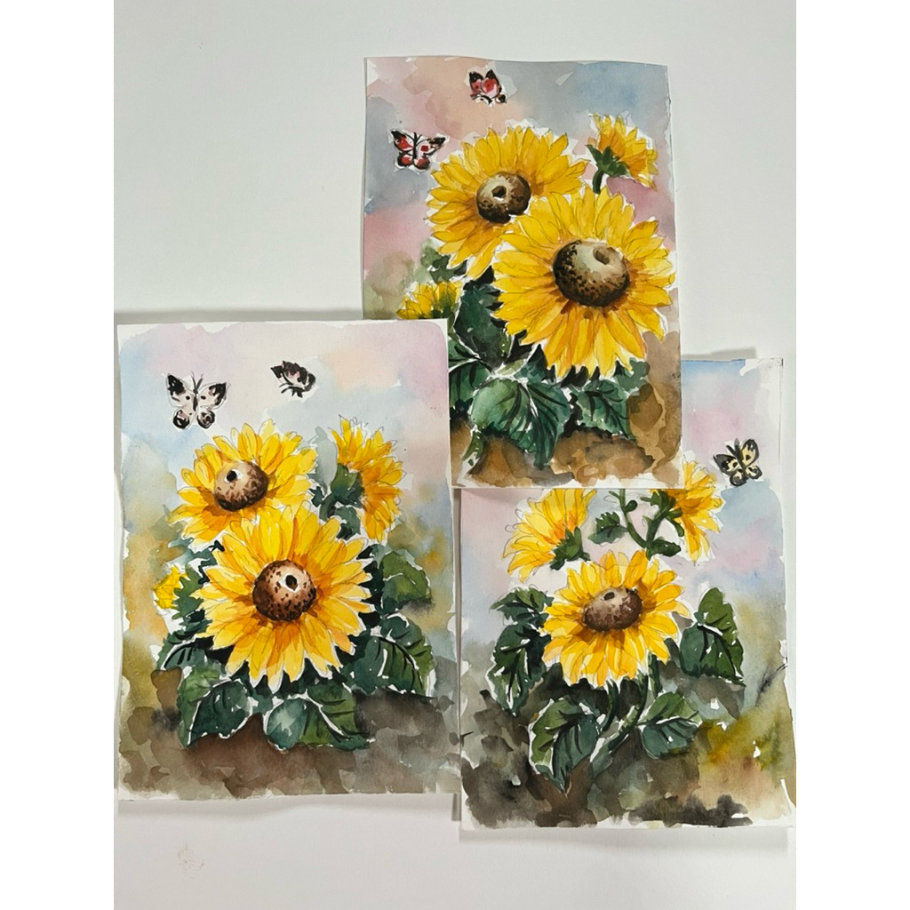 ภาพวาดดอกทานตะวัน ภาพดอกไม้ ภาพตกแต่งห้องติดผนัง ขนาด5x7 นิ้ว สีน้ำ กระดาษร้อยปอนด์ นำไปใส่กรอบให้สวยงาม