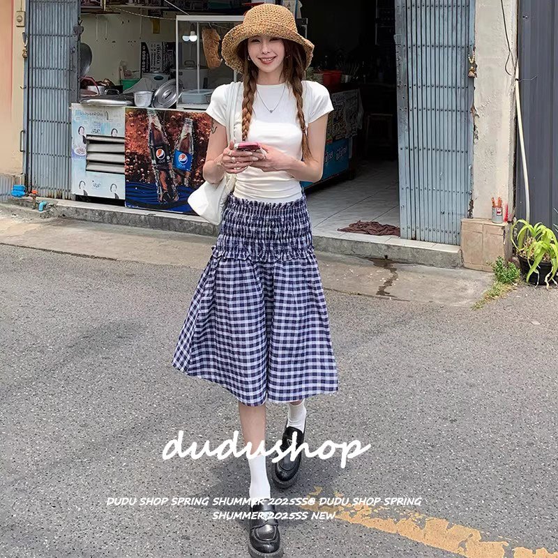[Can be worn as a tube top]กระโปรงลายสก็อต กระโปรงเอวสูง กระโปรงผู้หญิง 2025 ฤดูร้อน ดีไซน์สลิม สีตัดกัน กระโปรงทรงเอ