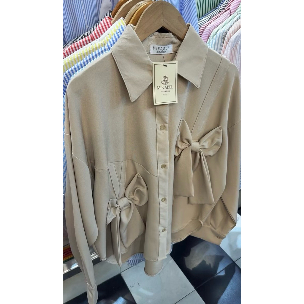 (อก 50“) เสื้อเชิ้ตแขนยาว (สีพื้น) โบว์คู่หน้า (ผ้า Crepe รูปที่ 6