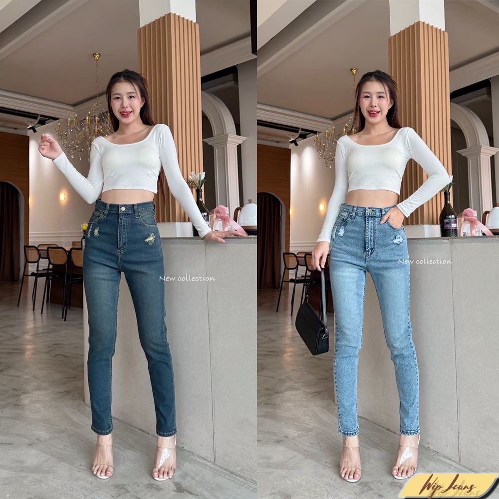 📌กางเกงยีนส์ผู้หญิงทรงบอยสลิมเอวสูงผ้ายืดทรงสวยมีไซส์ใหญ่bigsize