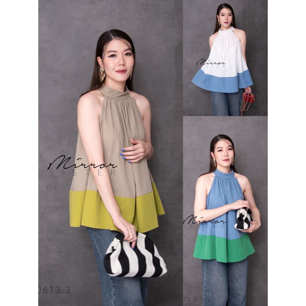 •MIRRORSISTER• MRST 40613.3 เสื้อแขนกุดเว้าไหล่ แพทเทรินเสื้อทรงAบาน แต่งสลับสี2โทนน่ารัก เนื้อผ้าใส่สบาย บอกเลยว่าต้องม