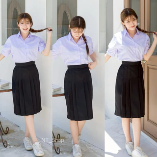 ✨กระโปรงนักเรียนม.ต้น/ม.ปลาย(ผ้ามันดีวาย)ทรงแคบ”สีดำ“ตีเกร็ด5.5(มีบิลให้)