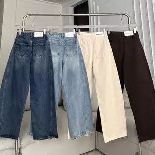 PTJ30271 Martine Line Barrel High-rise กางเกงยีนส์เอวสูงขากระบอกปักโลโก้ PROMTHONG