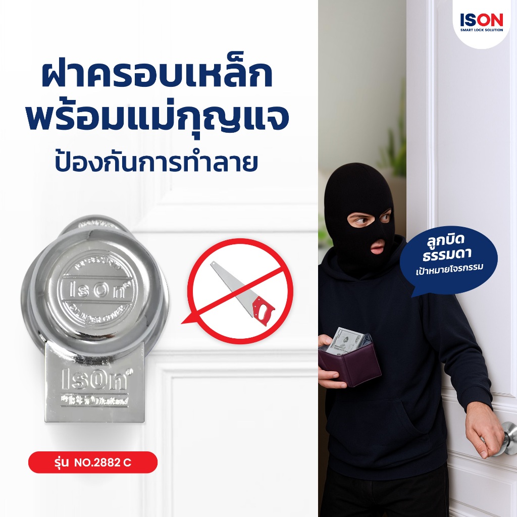 ชุดกุญแจอีสออนพร้อมฝาครอบลูกบิด 3 รู ISON NO.2882 C แข็งแรง ทนทาน เหล็ก หนา 2 มม. - รูปที่ 3