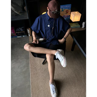 Karants เสื้อเชิ้ต Cropped Boxy ผ้าฝ้ายเนื้อเย็น ตกแต่งด้วยโลหะเรียบ สำหรับผู้ชายและผู้หญิง Unisex - KR216