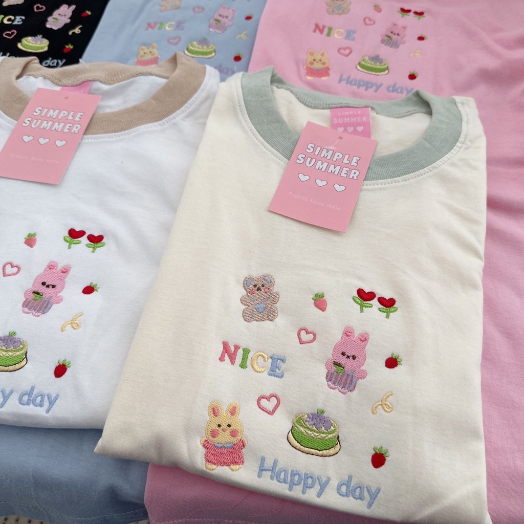 S354 เสื้อยืด oversize ผ้าคอตตอน คอสี ปัก หมีกระต่าย nice happy day